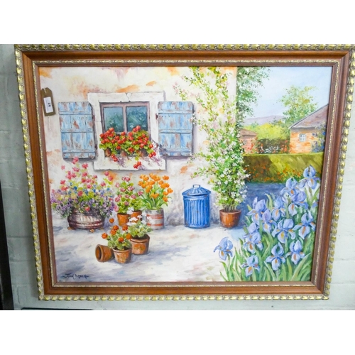 92 - A modern gilt framed oil painting of a cottage garden scene signed John Dimech