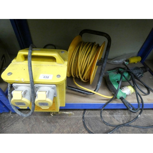 832 - A 110 volt extension lead, 110 volt transformer and a 110 volt heavy duty drill