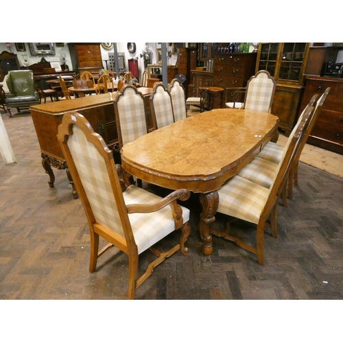 231 - A mid-20th century quality Burr walnut dining room suite comprising dining table 7' x 3'3 on carved ... 