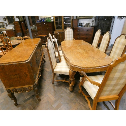 231 - A mid-20th century quality Burr walnut dining room suite comprising dining table 7' x 3'3 on carved ... 