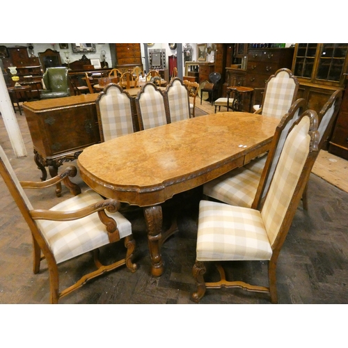 231 - A mid-20th century quality Burr walnut dining room suite comprising dining table 7' x 3'3 on carved ... 