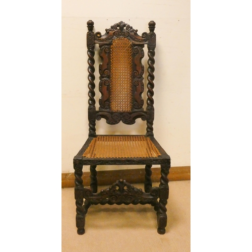 299 - Early 18th century Cromwellian oak chair with carved and barley twist columns, cane panelled back an... 