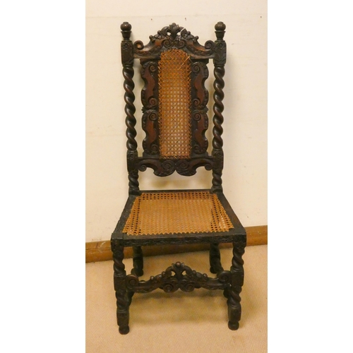 299 - Early 18th century Cromwellian oak chair with carved and barley twist columns, cane panelled back an... 