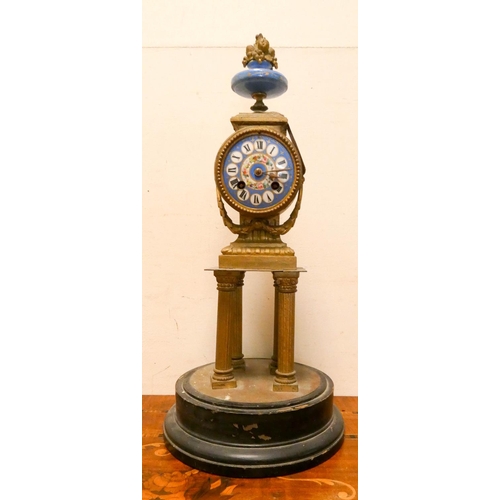 293 - A French brass Portico striking mantle clock with Sevres style porcelain panels on wooden plinth, 19... 