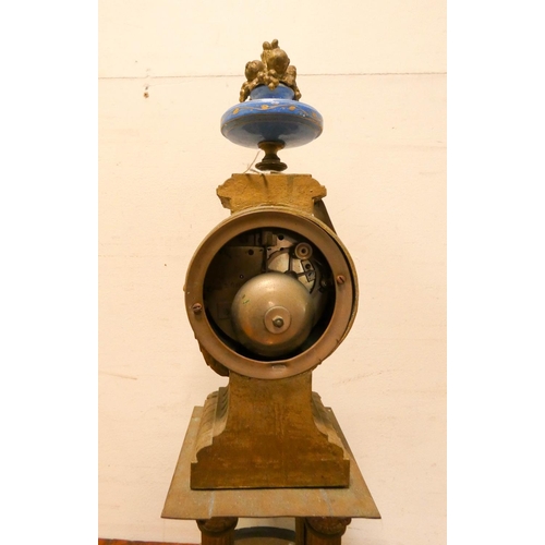 293 - A French brass Portico striking mantle clock with Sevres style porcelain panels on wooden plinth, 19... 