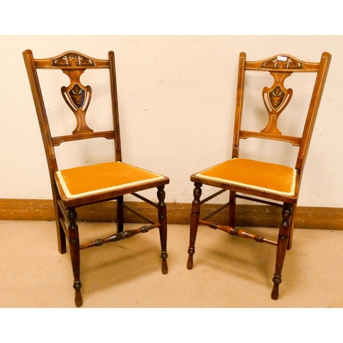 301 - A pair of Edwardian inlaid rosewood bedroom chairs with gold upholstered seats