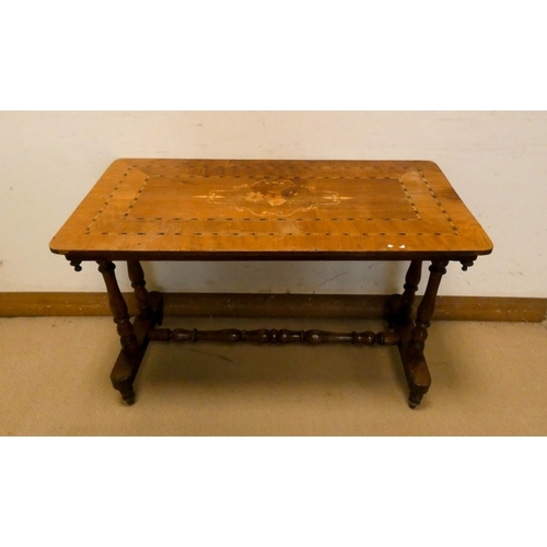 305 - Victorian inlaid walnut centre table on a stretcher style turned base, 3'6 long