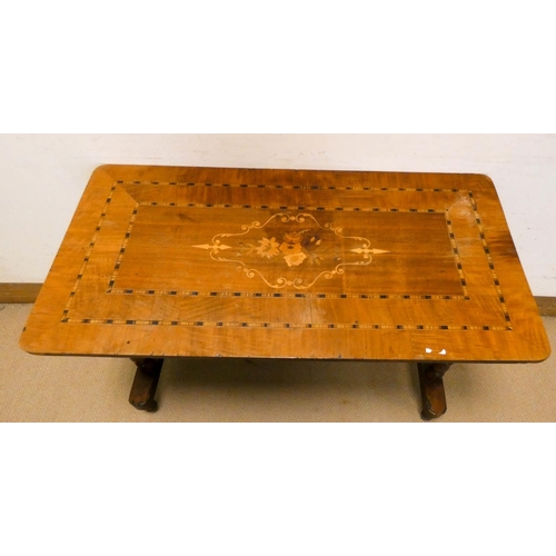 305 - Victorian inlaid walnut centre table on a stretcher style turned base, 3'6 long