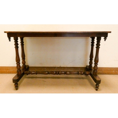 305 - Victorian inlaid walnut centre table on a stretcher style turned base, 3'6 long