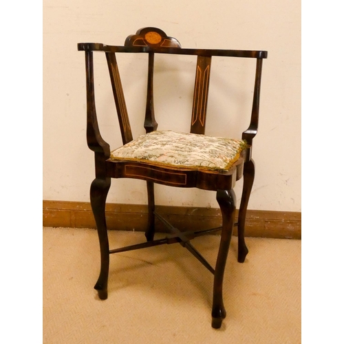 306 - Edwardian inlaid mahogany corner elbow chair on cabriole style legs with tapestry seat