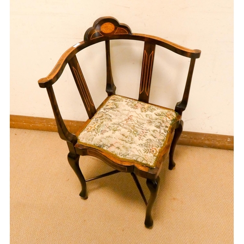 306 - Edwardian inlaid mahogany corner elbow chair on cabriole style legs with tapestry seat