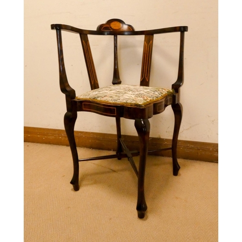 306 - Edwardian inlaid mahogany corner elbow chair on cabriole style legs with tapestry seat