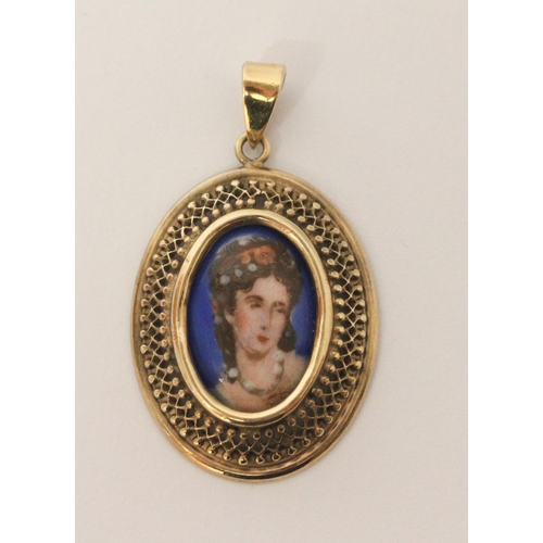 493 - A Limoges porcelain panel locket in filigree yellow metal mount, marked Sharmaine Paris