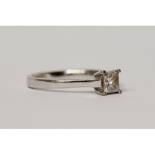 494 - A diamond engagement ring, with princess cut diamond weighing approximately 0.5 carat within simple ... 