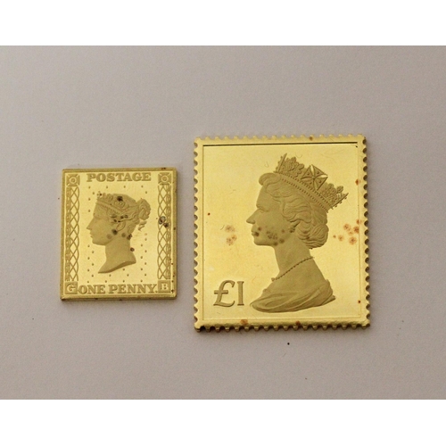 500 - 22ct yellow gold Stamp Replicas - The Penny Black and the £1 Machin 1973.  Set Number 1703 / 3000