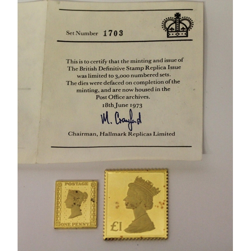 500 - 22ct yellow gold Stamp Replicas - The Penny Black and the £1 Machin 1973.  Set Number 1703 / 3000