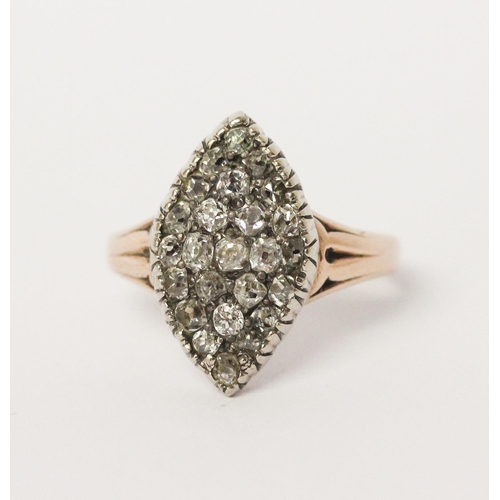 502 - Antique diamond marquise panel ring, set with old cut diamonds in a closed back setting on rose gold... 