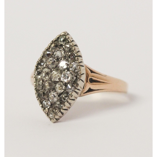 502 - Antique diamond marquise panel ring, set with old cut diamonds in a closed back setting on rose gold... 