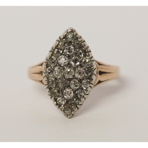 502 - Antique diamond marquise panel ring, set with old cut diamonds in a closed back setting on rose gold... 