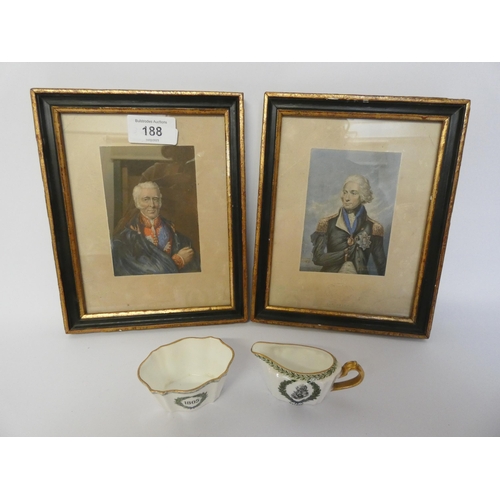 188 - An antique framed print of Lord Nelson another of the Duke of Wellington and two pieces of Wedgwood ... 