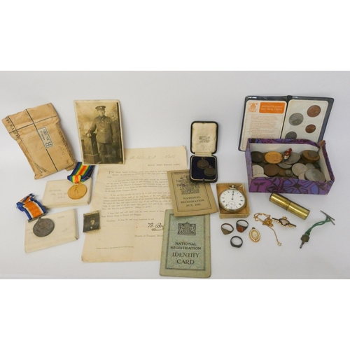 189 - War medals, old coins, pocket watch, postcards et