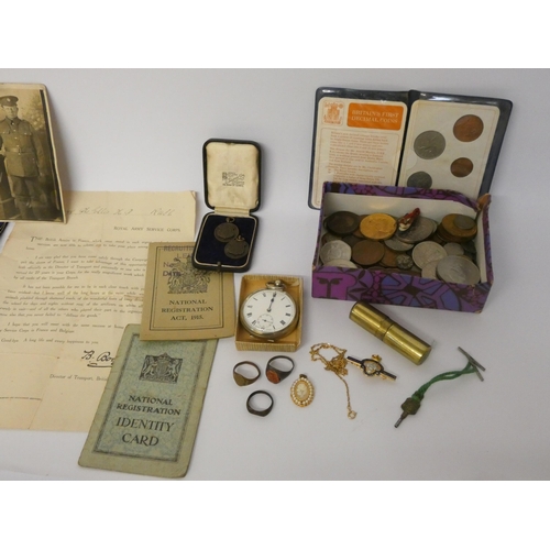 189 - War medals, old coins, pocket watch, postcards et