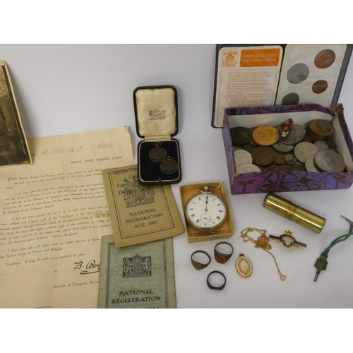 189 - War medals, old coins, pocket watch, postcards et