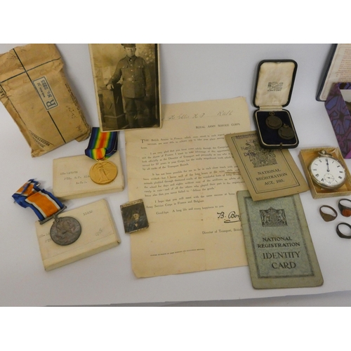 189 - War medals, old coins, pocket watch, postcards et