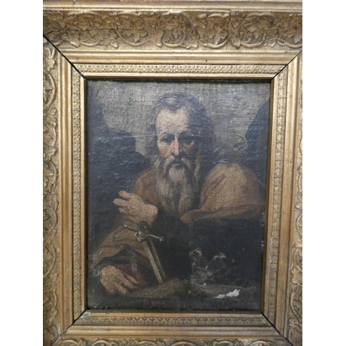 195 - An antique oil on canvas depicting a saint in a gilt frame, image size 7 1/2