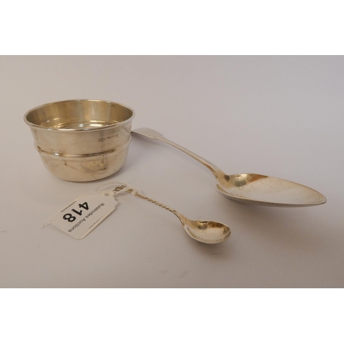 418 - A silver sugar basin, Scottish silver dessert spoon Edinburgh 1817 and a salt spoon. 2.3 troy ounces... 