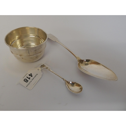 418 - A silver sugar basin, Scottish silver dessert spoon Edinburgh 1817 and a salt spoon. 2.3 troy ounces... 