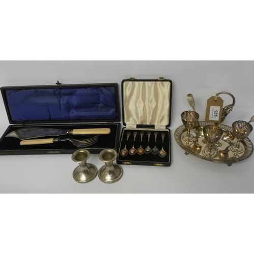 428 - A set of six Scottish thistle enamelled teaspoons in case, carving set, silver plated egg cruet etc