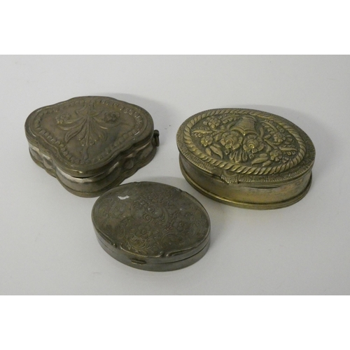 429 - A collection of three antique white metal and silver plated snuff boxes