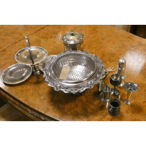 232 - A plated rose bowl, three tier cake stand, biscuit barrel, cutlery, sugar sifter etc