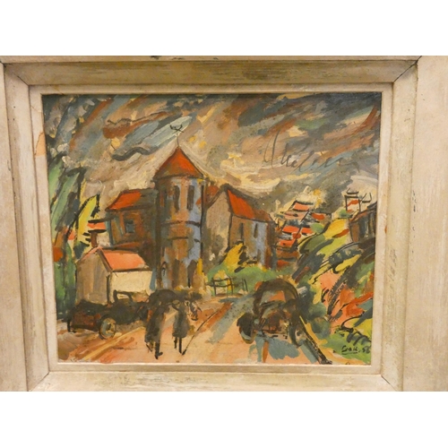 246 - W Kenneth Cook urban scene, oil on panel, signed Cook and dated 1956, inscribed reverso, image size ... 