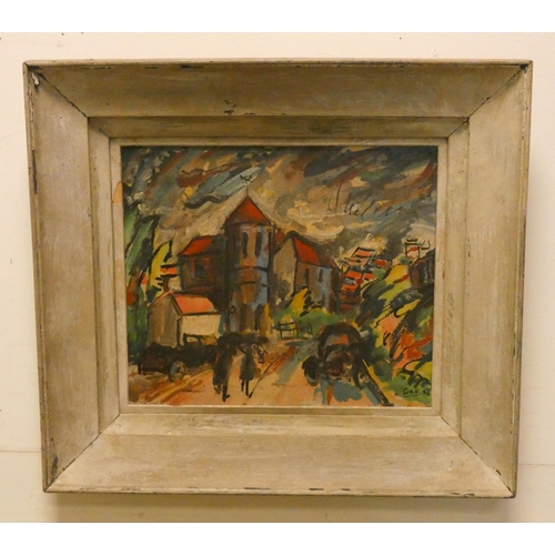 246 - W Kenneth Cook urban scene, oil on panel, signed Cook and dated 1956, inscribed reverso, image size ... 