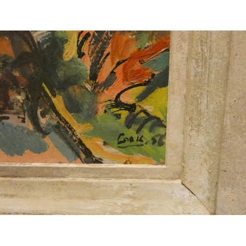 246 - W Kenneth Cook urban scene, oil on panel, signed Cook and dated 1956, inscribed reverso, image size ... 