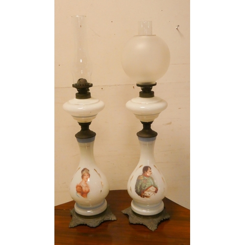 267 - A pair of Victorian Napoleon and Josephine decorated opaline glass oil lamps on brass bases, 30