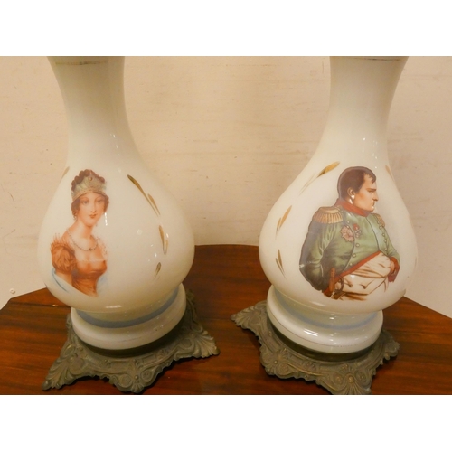 267 - A pair of Victorian Napoleon and Josephine decorated opaline glass oil lamps on brass bases, 30