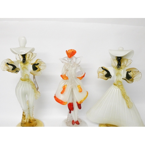 198 - A pair of vintage Murano glass dancer figurines in black, white and gold and another similar Murano ... 