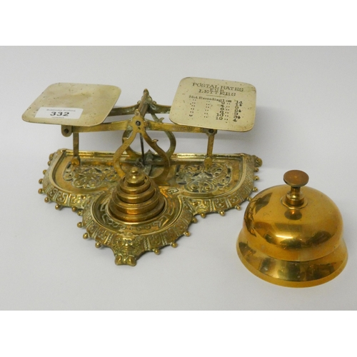 332 - A pair of ornate brass Victorian postal scales and a desk bell