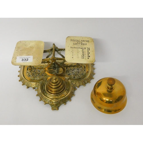 332 - A pair of ornate brass Victorian postal scales and a desk bell