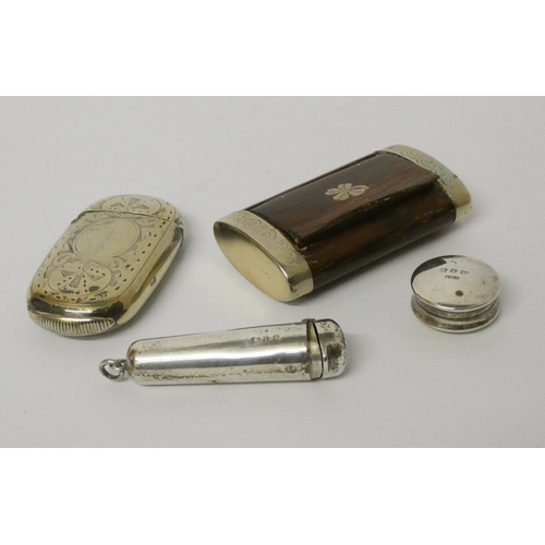 437 - A hallmarked silver cigar holder, small pill box, silver plated vesta case and a snuff box