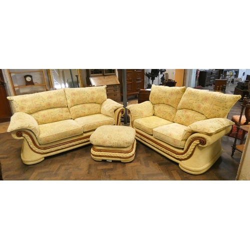 211 - A pair of two seater settees in pale yellow  and floral covering with loose cushions and a matching ... 