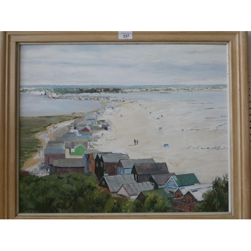 237 - Oil on board Beach huts on Mudeford spit, signed and dated 1996 by D G Varley, local artist, togethe... 