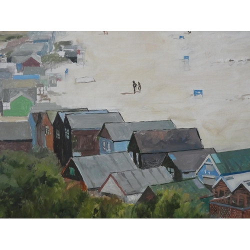 237 - Oil on board Beach huts on Mudeford spit, signed and dated 1996 by D G Varley, local artist, togethe... 