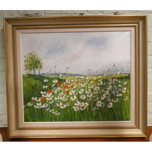 242 - Marcel George Hue - Oil on canvas Poppies and Daises in a field, 21