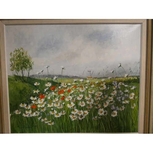 242 - Marcel George Hue - Oil on canvas Poppies and Daises in a field, 21