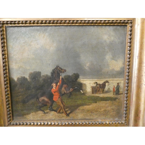 243 - English school depicting groom leading a skittish racehorse in a landscape, oil on canvas, unsigned,... 