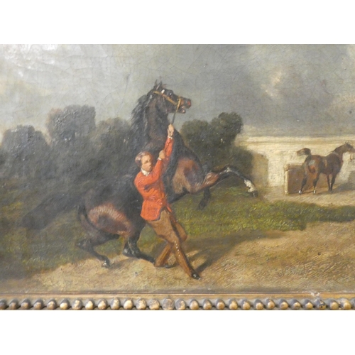 243 - English school depicting groom leading a skittish racehorse in a landscape, oil on canvas, unsigned,... 